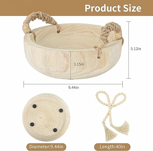 Miniatura 3 de Paulownia - Cuenco de madera para decoración – Rústico redondo para llaves con mango de cuerda y guirnalda de cuentas de madera – Centro de mesa de