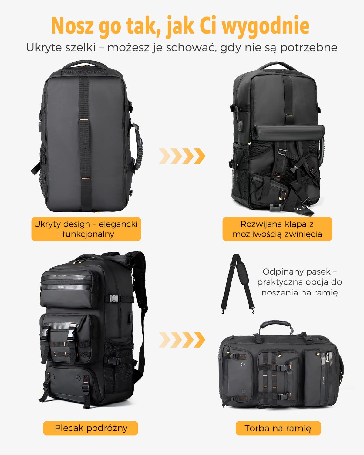 Ponhog Plecak Podróżny dla Mężczyzn, 50L Bagaż Podręczny z Portem USB Wodoodporny, Travel Backpack na Komputer 17,3 Cala, Czarny