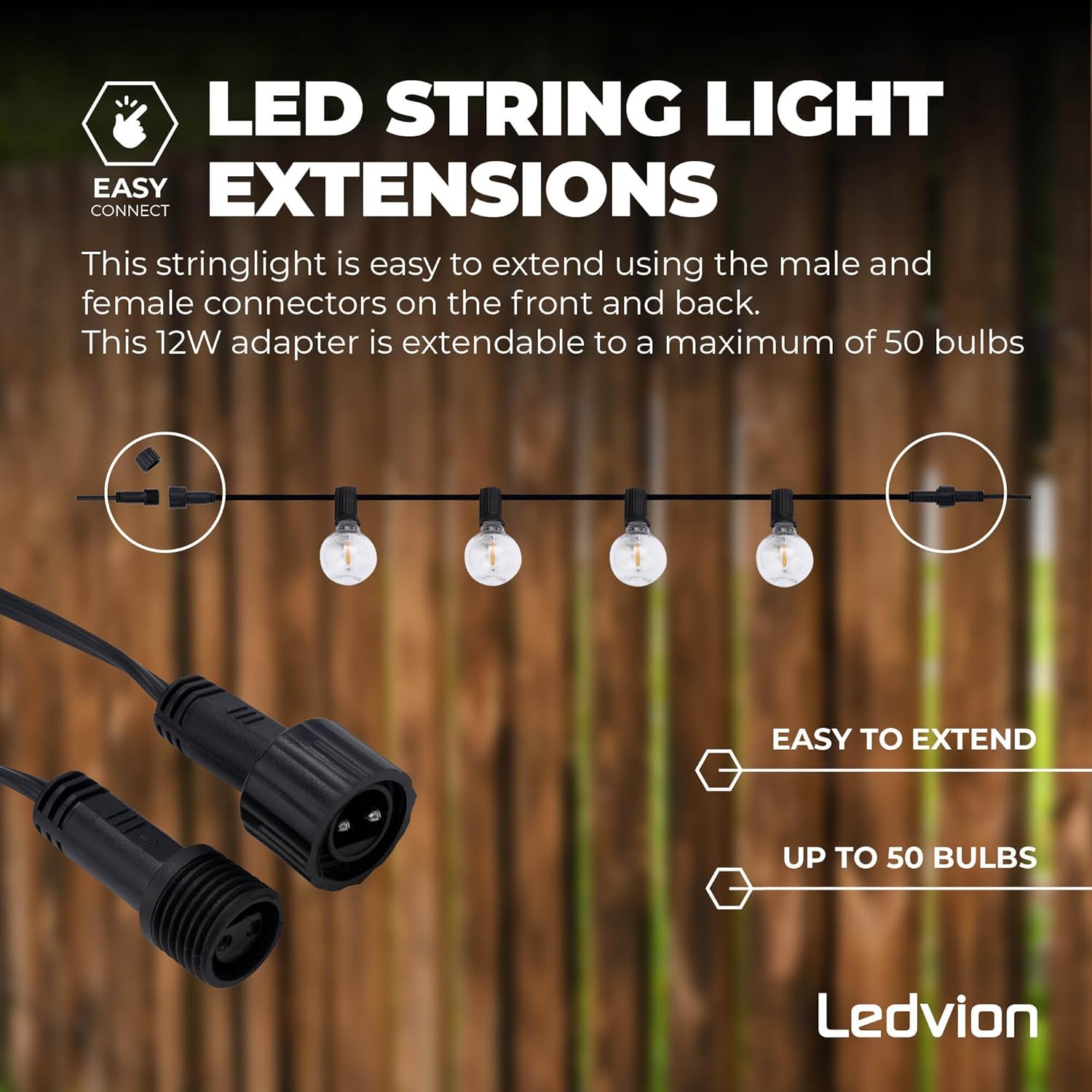 Diagram showing how to connect multiple Ledvion LED string lights using male and female connectors, indicating easy extension up to 50 bulbs.
