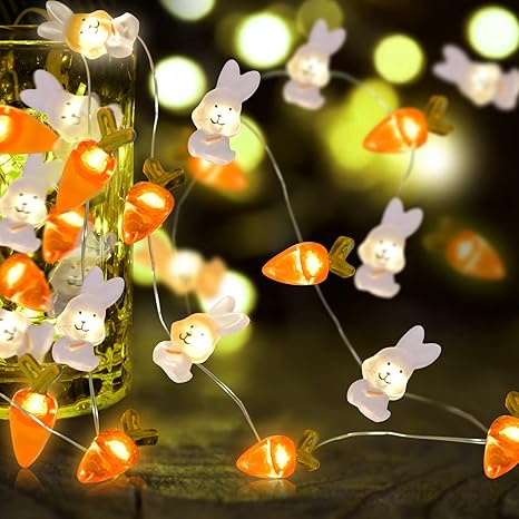 Bunny & Carrot String Lights Battery Operated - Easter Decor Spring Rabbit Fairy Lights with 8 Modes