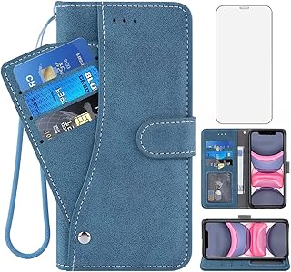 Compatible with iPhone Xs Max Wallet Case and Tempered Glass Screen Protector Flip Purse Cover Credit Card Holder Lanyard Cell Phone Cases for i X XR Xsmax 10x SX Xmax 10xs 10s 10 Plus Xmaxs Men Blue