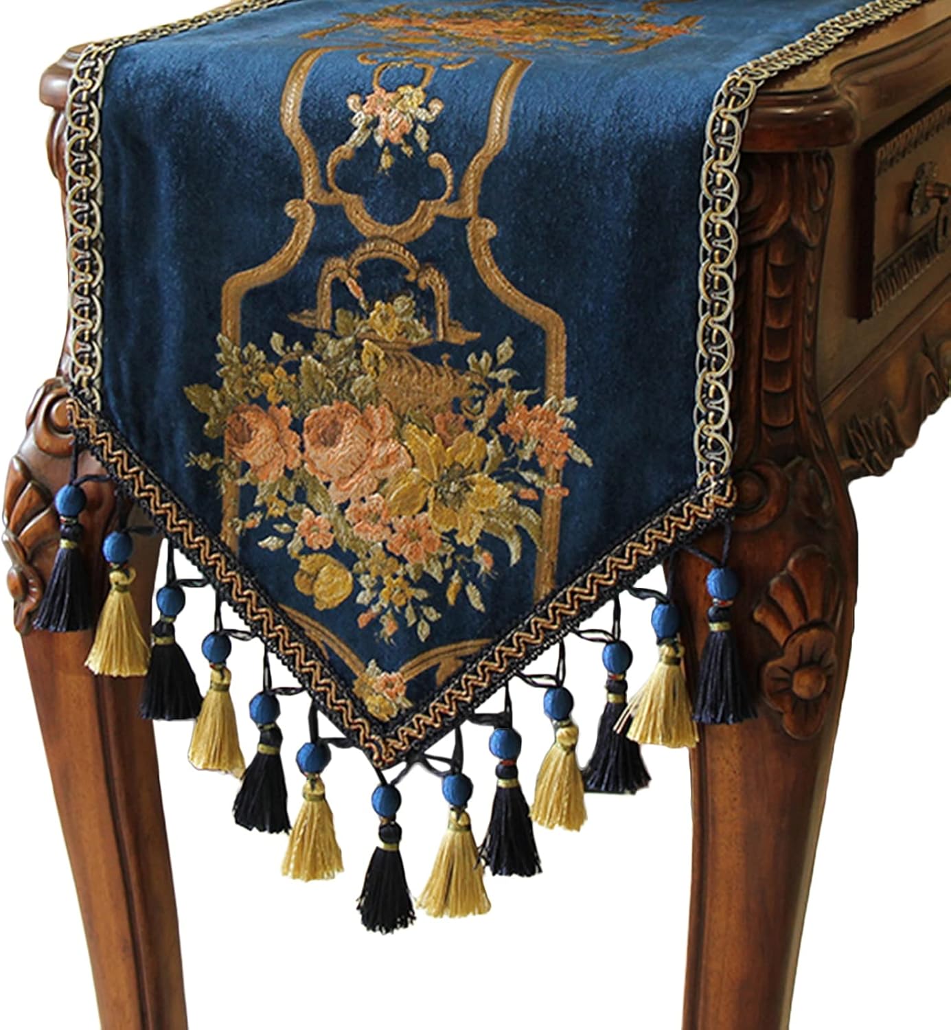 Table Runner RENRUIRUI- Multi- Size Luxury Flowers Embroidered Jacquard, with Handmade Multi-Tassels, for Dining Room Dresser Wedding Party Decorations,Blue (Size : 35200cm)