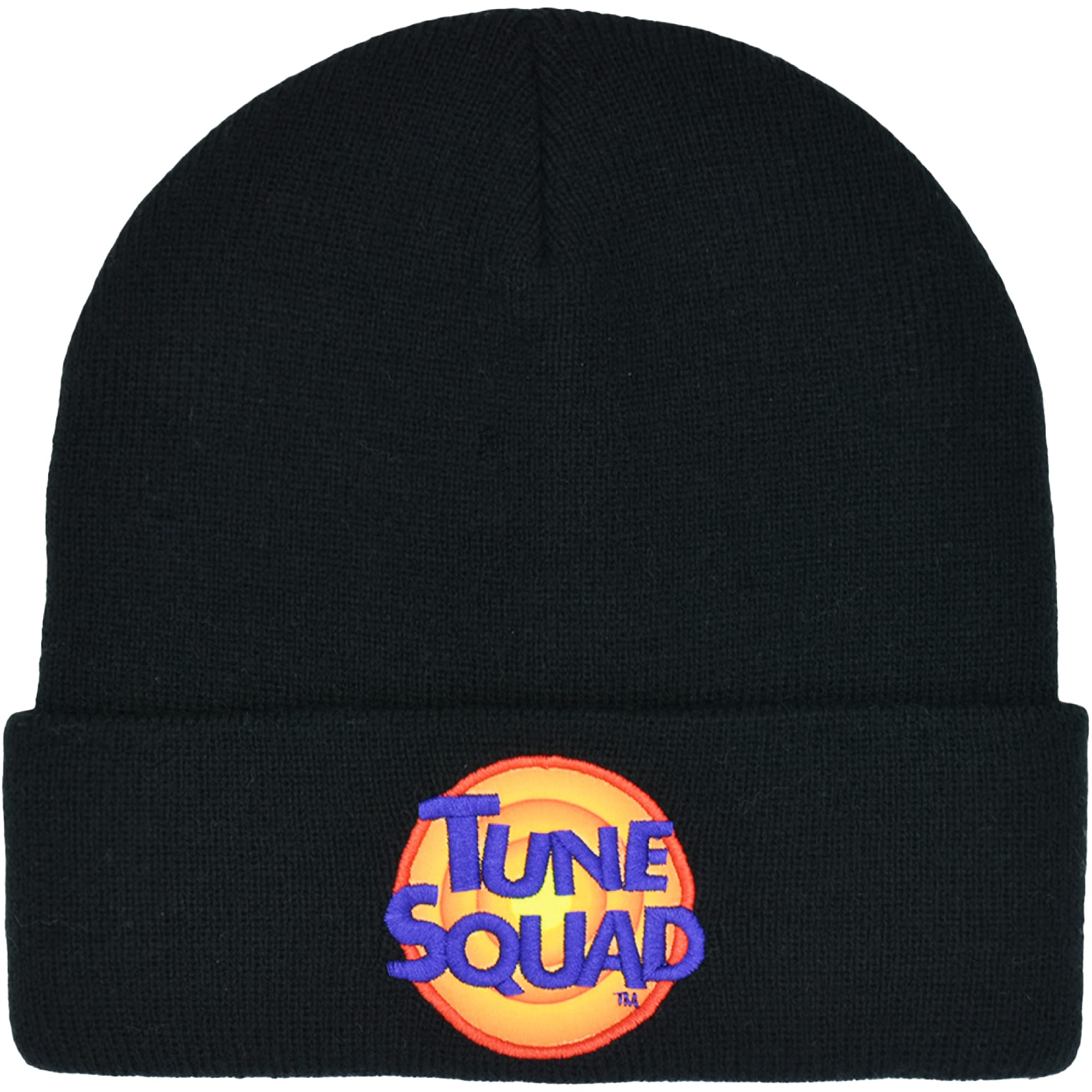 Space Jam 2 Tune Squad Embroidered Logo Knitted Acrylic Cuff Winter Beanie Hat, Black, One Size