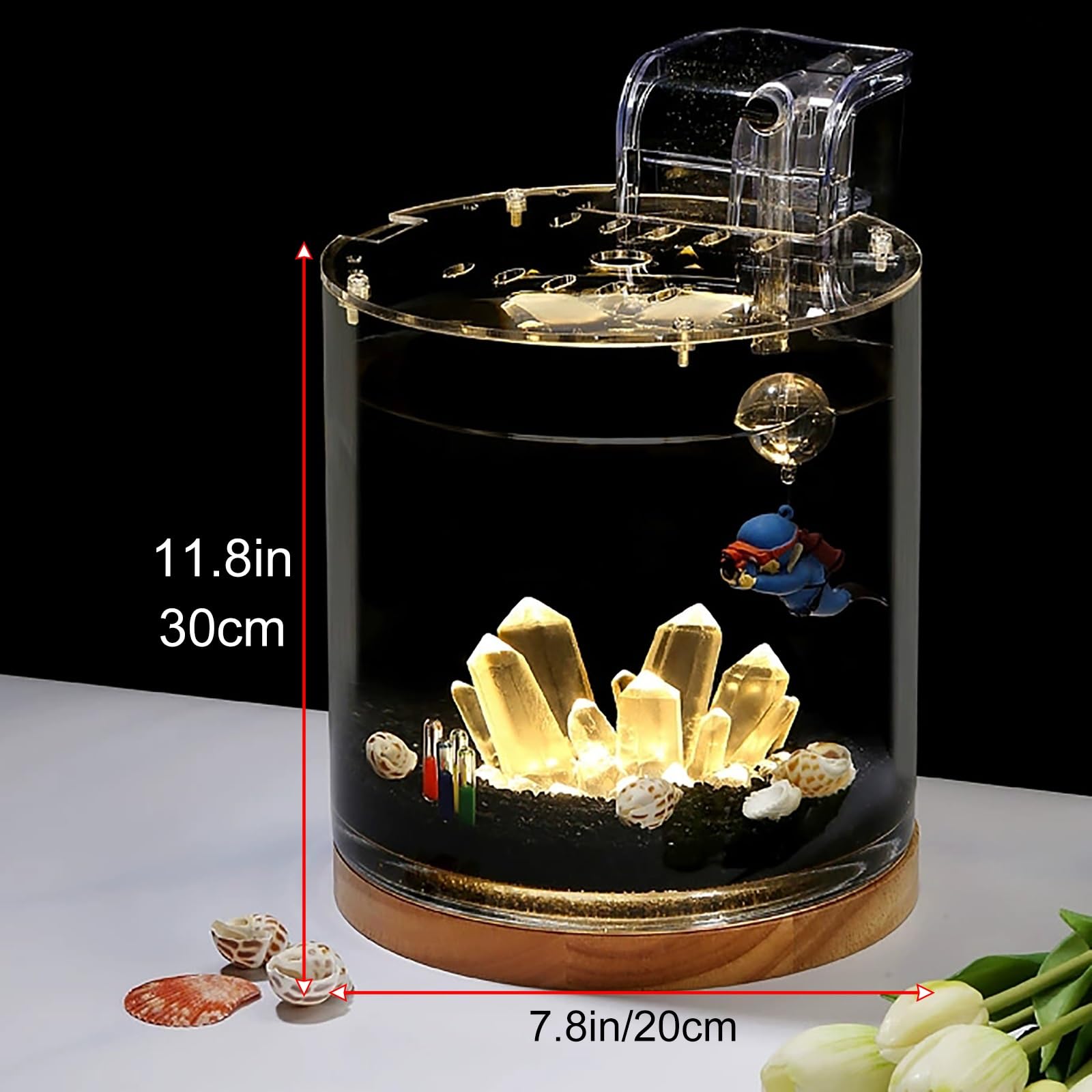 Kit di Avviamento per Acquario Betta – Aquario Pesci Rossi con Base in Legno, Luce LED, Pompa Dell'acqua – Acquarios per Tartarughe Rossi per Principianti(20 * 30cm/7.8 * 11.8in)