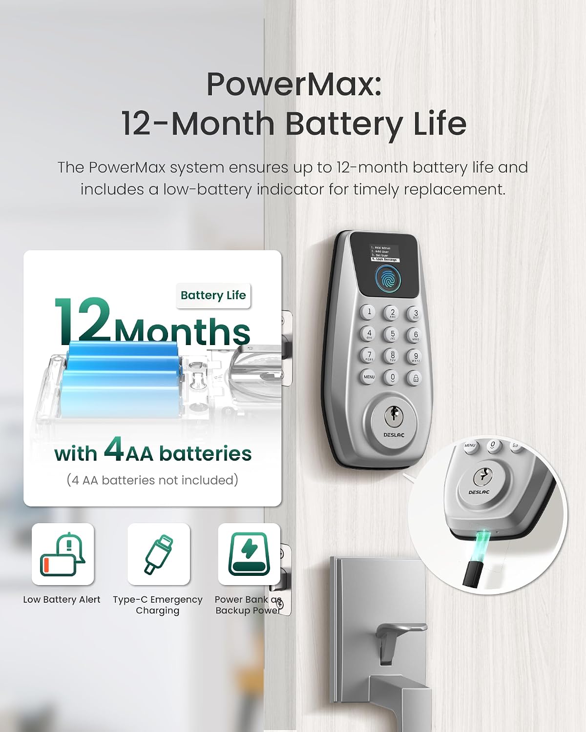 DESLOC C110 Fingerprint Smart Front Door Lock Set with Handle Keyless Entry Door Lock, Keypad Deadbolt, Auto-Lock, Easy DIY Installation, IP54 Weatherproof, Fits Most US Doors, Sliver