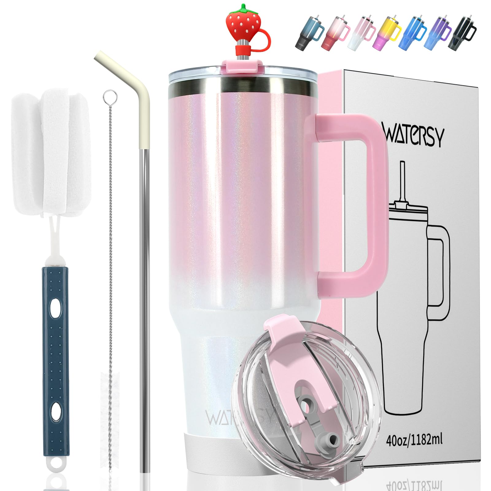 40 oz Shiny Tumbler with Handle and Straw,Stainless Steel Tumbler with Lid and Straw,Insulated Travel Mug(Cold for 34 Hours),Water Bottle for Iced Tea,Coffee (Pink)