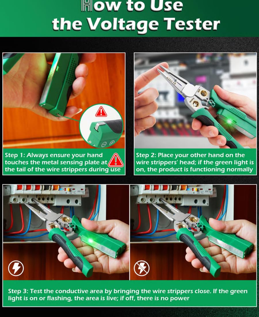 Pinza spelafili 8 in 1 con misurazione dell'elettricità, spelafili 8 in 1 con tester di tensione, strumento spelafili elettrico multifunzione per tagliare e tirare pinze (verde + grigio)