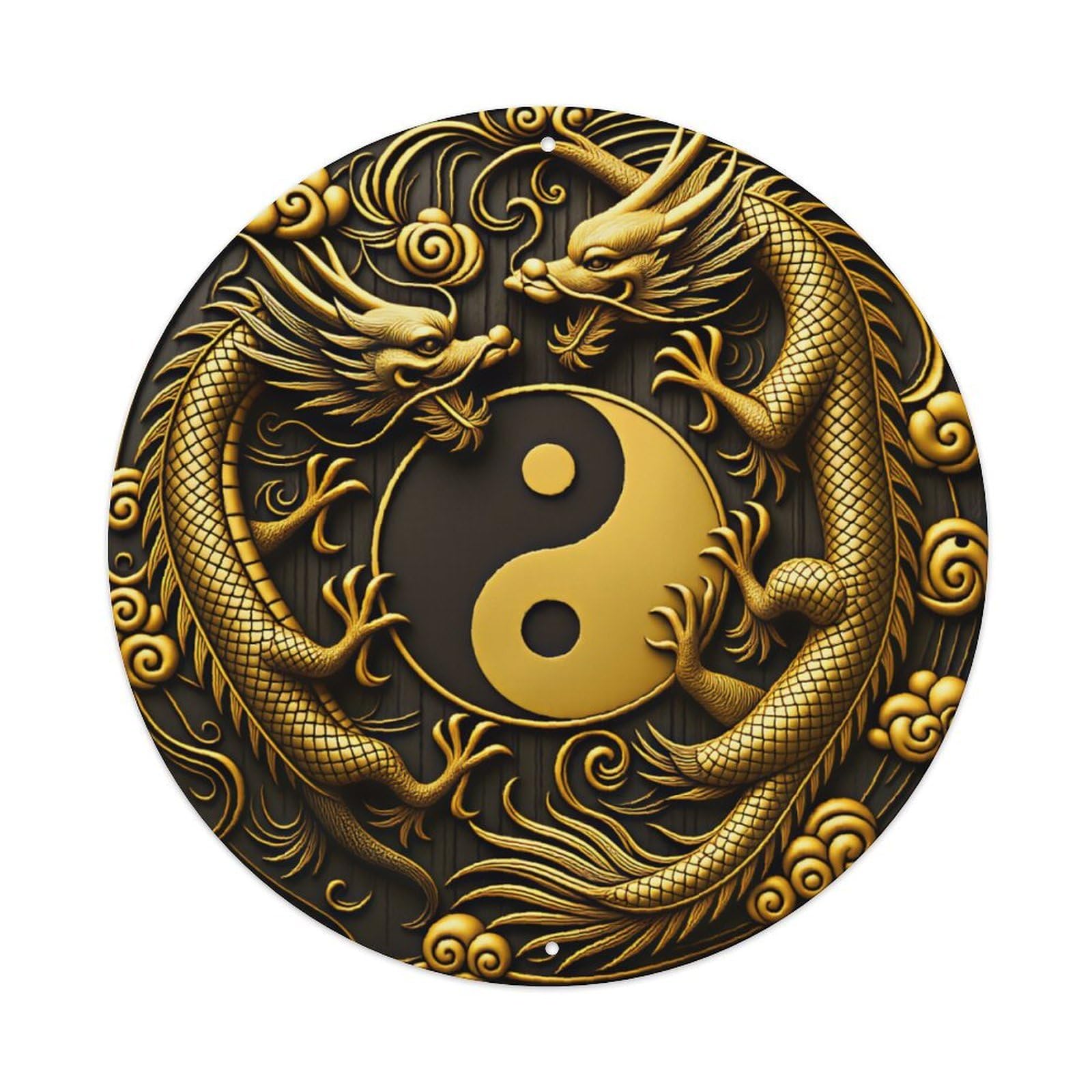 Ldfuieksufg Style Round Black Gold Double Dragon Yin Yang Chinese Decor Wall Plaque Vintage Aluminium Metal Sign, Retro Wall Decor For Home, Bar, Garage & Farmhouse 20X20cm