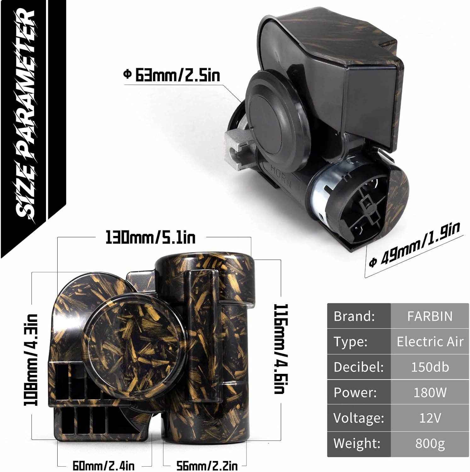 FARBIN Air Horn for Truck Motorcycle Horn 12V Train Horn for Pickup 150dB Loud Car Horns Compact Snail Motohorn for Motorcycle Car Truck RV SUV (Personality Gold)