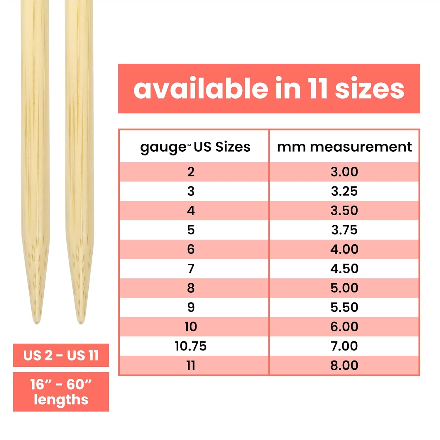 Gauge Natural Circular Knitting Needles, Fixed 20 Inch (50 cm) Bamboo Tips with Flexible Nylon Cord, US Size 11 (8 mm)