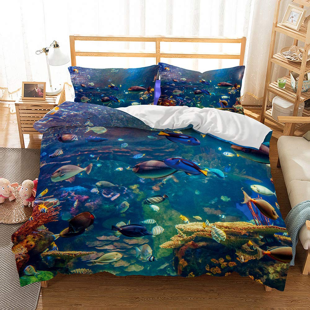 Stillshines zestaw pościeli podwójne łóżko dzieci chłopiec prezent kreskówka koncha konik morski meduza wielokolorowa ocean świat poszewka na kołdrę 200 x 200 cm z zamkiem błyskawicznym przeciw wilgoci, anty-roztoczom, gładka wygodna
