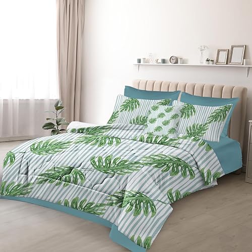 Miniatura 9 de BEDMUST Juego de edredón de plantas tamaño individual, 8 piezas de cama en una bolsa, juego de ropa de cama de Monstera Azure Azure, juego de