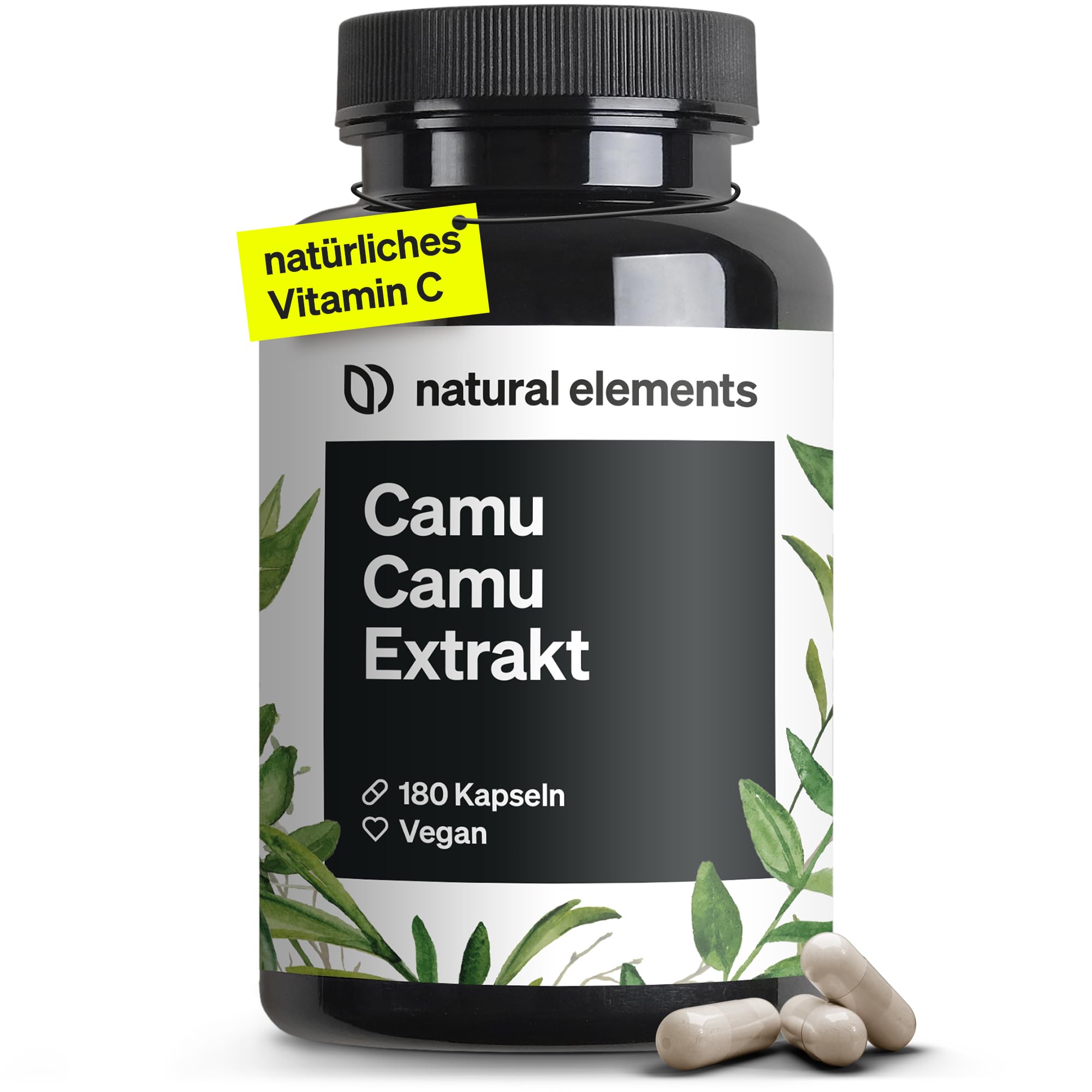 natural elements Camu Camu Extrakt Kapseln – Vitamin C – 180 vegane Kapseln für 6 Monate – 500mg Camu-Camu Extrakt pro Kapsel – ohne unerwünschte Zusätze, in Deutschland produziert & laborgeprüft