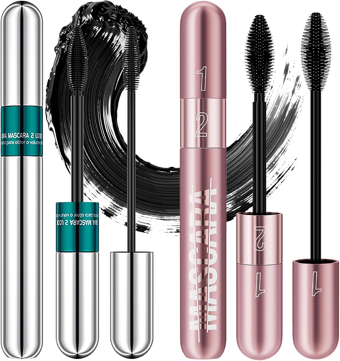 2-in-1 4D Silk Fiber Mascara 2Pcs,Waterproof Smudge Proof Black Lash Makeup | Lengthen&thicken dual function formula,clump-free long wear silk fiber lashes,zero flaking,full natural voluminous makeup set