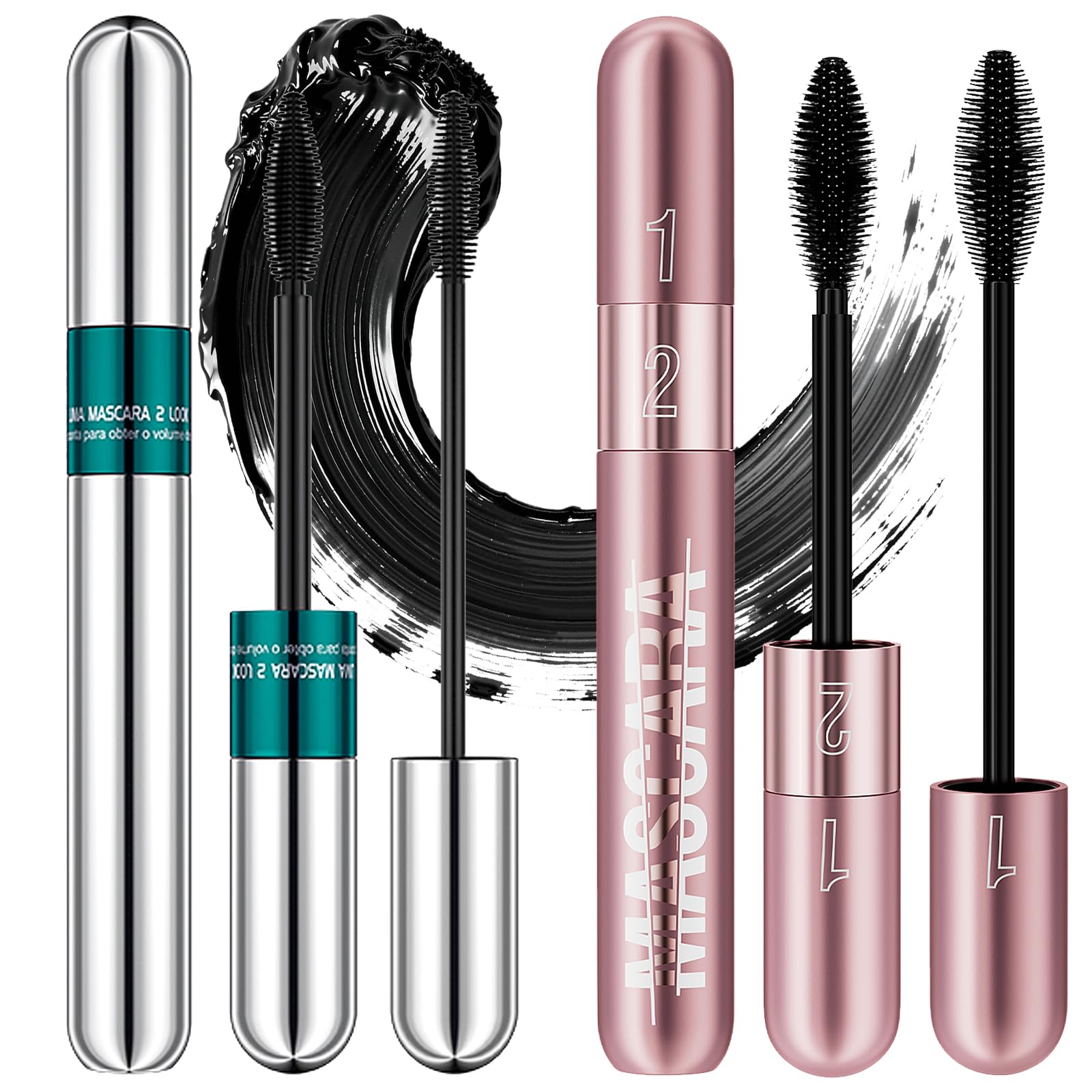 2-in-1 4D Silk Fiber Mascara 2Pcs,Waterproof Smudge Proof Black Lash Makeup