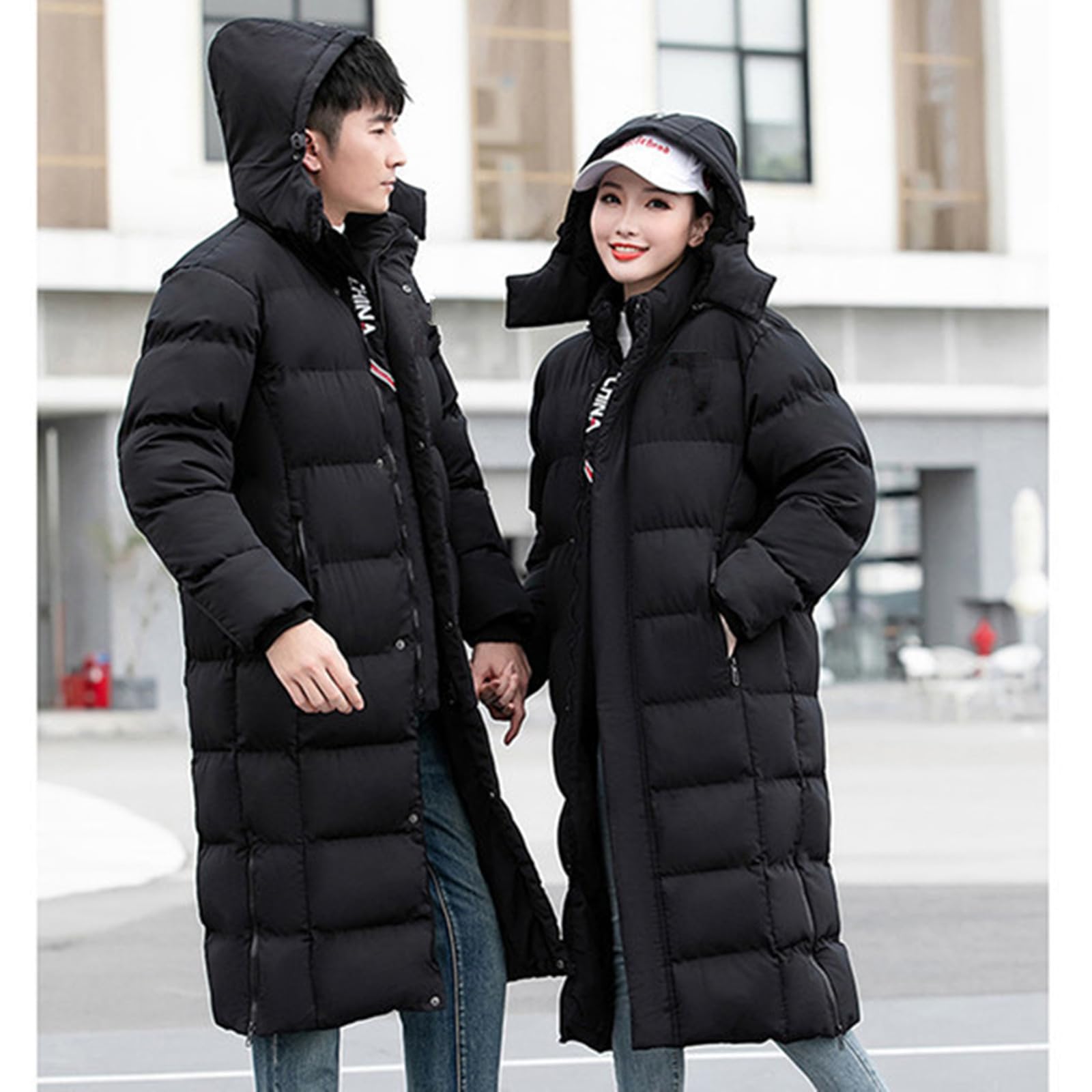 ANUFER Unisex Uomo Donna Lungo Giacca Puffer Termico Cotone Imbottito Cappotto Invernale con Cappuccio Staccabile