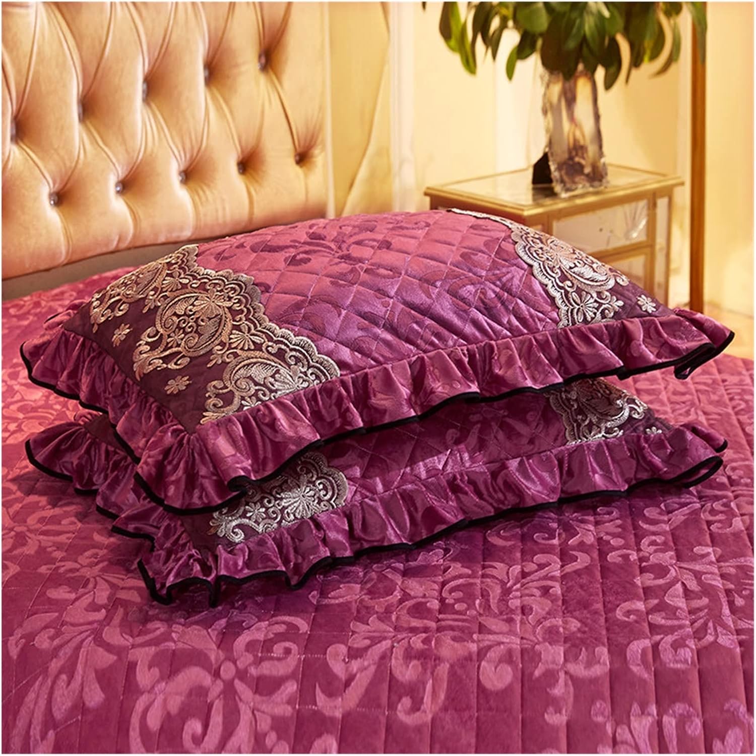 HBJWOV Velvet Quilted Lace Pillow Cases for Bed Solid Embossed Warm Rectangle Home Decorative Sham Cover(Black)
