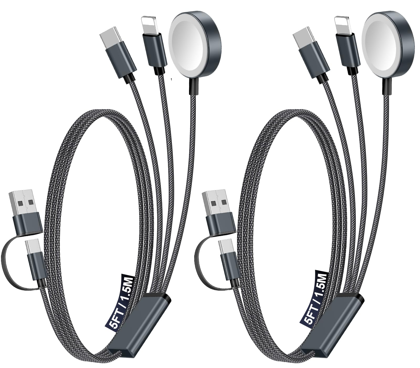 Photo 1 of 2Pack Multi Charging Cable Cord for Travel Essentials,Apple Watch Charger,iPhone Charger,[3-in-2] Type C/Lightning Cable Portable Designed for iWatch,iPhone 17-8,Galaxy S25-21,AirPods,iPad-1.5M Black