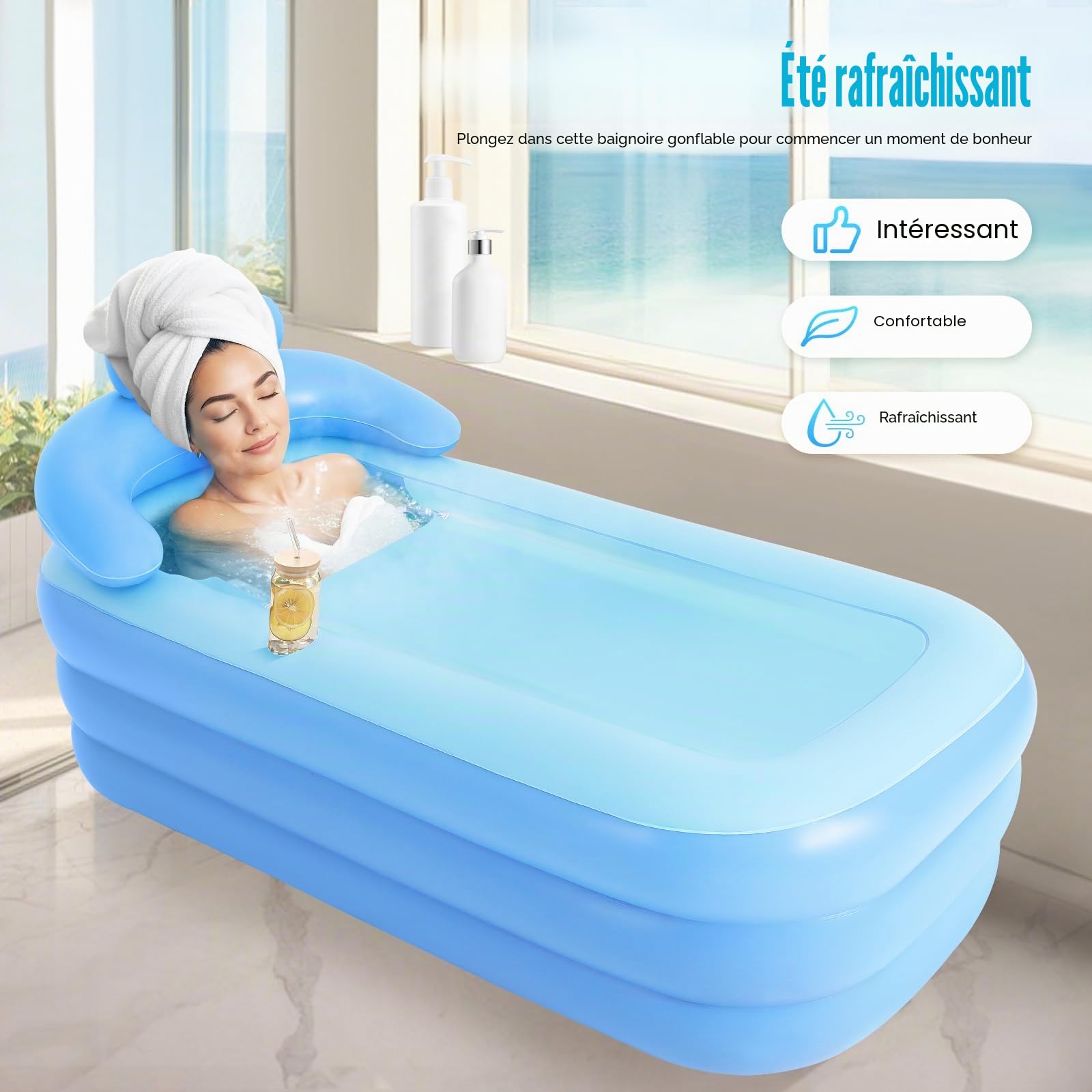 Baignoire gonflable avec oreiller gonflable, dossier ergonomique et accoudoirs, baignoire pliable pour l'extérieur, pour la maison, la terrasse et les jardins