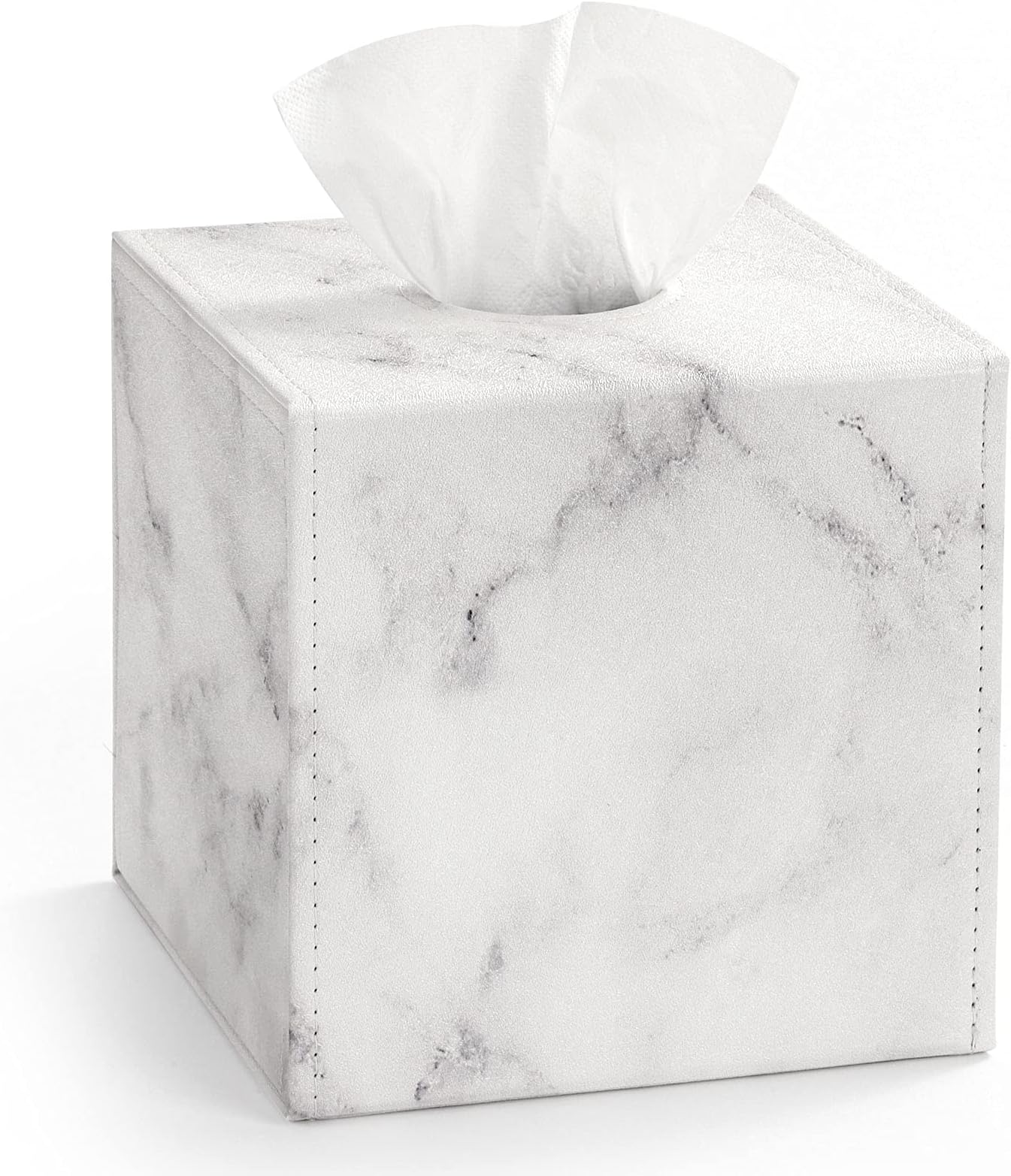 Luxspire PU Leather Tissue Box Holder, Modern Square Tissue Box Cover Decorative Paper Facial Case Dispenser with Magnetic Bottom for Bathroom Vanity Night Stands, Office Car Home Decor, White Marble