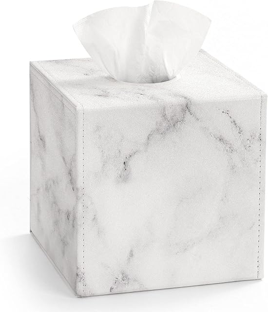 Luxspire PU Leather Tissue Box Holder, Modern Square Tissue Box Cover Decorative Paper Facial Case Dispenser with Magnetic Bottom for Bathroom Vanity Night Stands, Office Car Home Decor, White Marble
