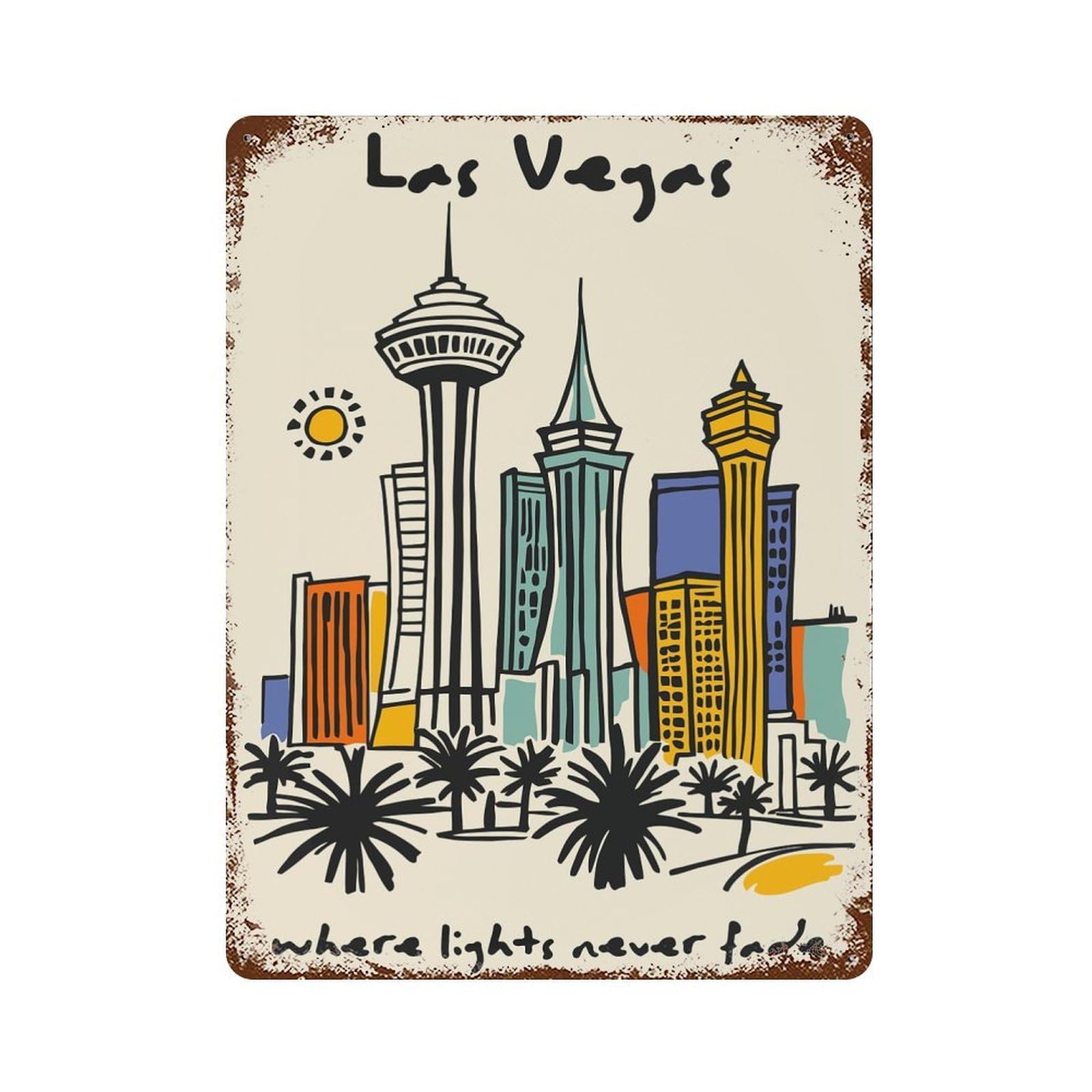 Las Vegas Skyline Illustration Decorative Tin Sign 15.7"x11.8", Vintage Wall Decor for Basement, Hobby Room And Garage Decor