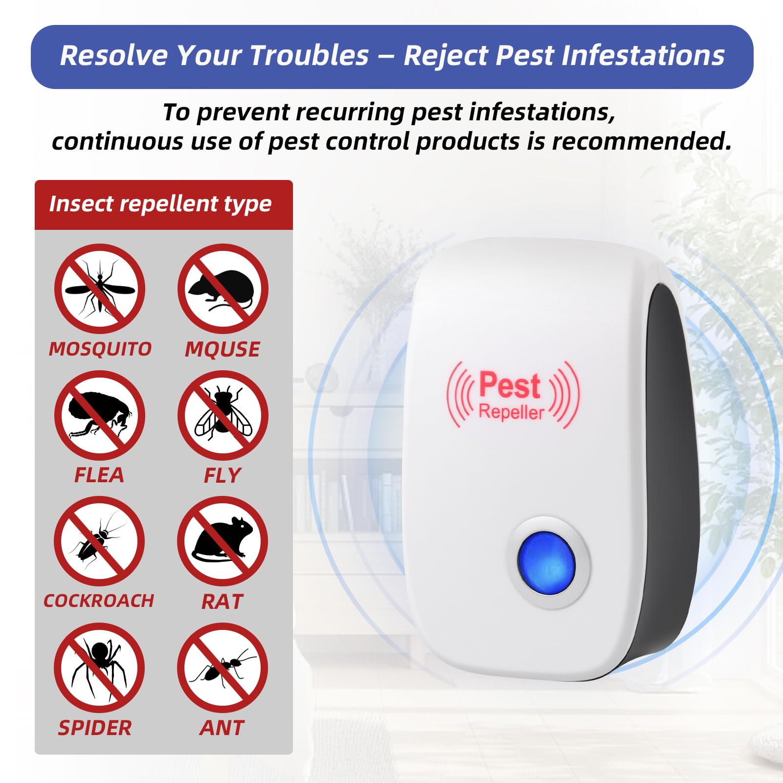 4 Pack Repelente Ultrasónico de Plagas, Repelente Ultrasónico Ratas, Antimosquitos Electrico, Auyentadores de Ratones Potente, para Interiores Anti Moscas Cucarachas Arañas Roedores