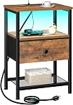 LOAKEKEL Nightstand with Charging Station, End Table with 2 Fabric Drawers, LED Night Stand for Bedroom, Small Bed Side Table with USB Ports and Outlets for Living Room, Grey, HETS02GY-1