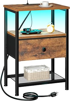 LOAKEKEL Nightstand with Charging Station, End Table with Fabric Drawer, LED Night Stand for Bedroom, Small Bed Side Table with USB Ports and Outlets, Brown, HETS01BR-1