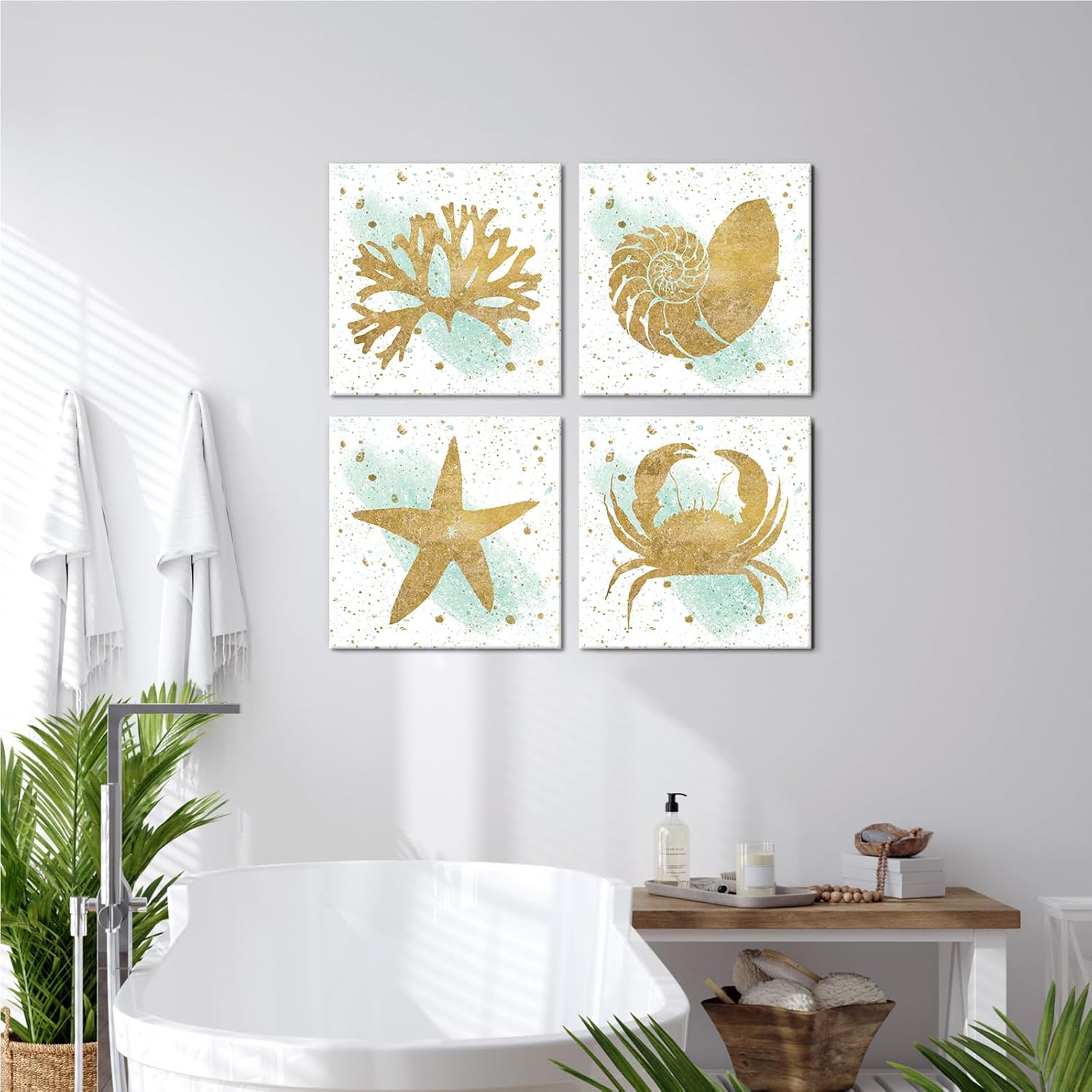 SEVEN WALL ARTS 4pcs Coastal Wall Art Gold Foil Print Marine Picture Ocean Animal Underwater Print Vintage Seashell Starfish Crap Conch Sealife Artwork for Bathroom Living Room Bedroom Decor