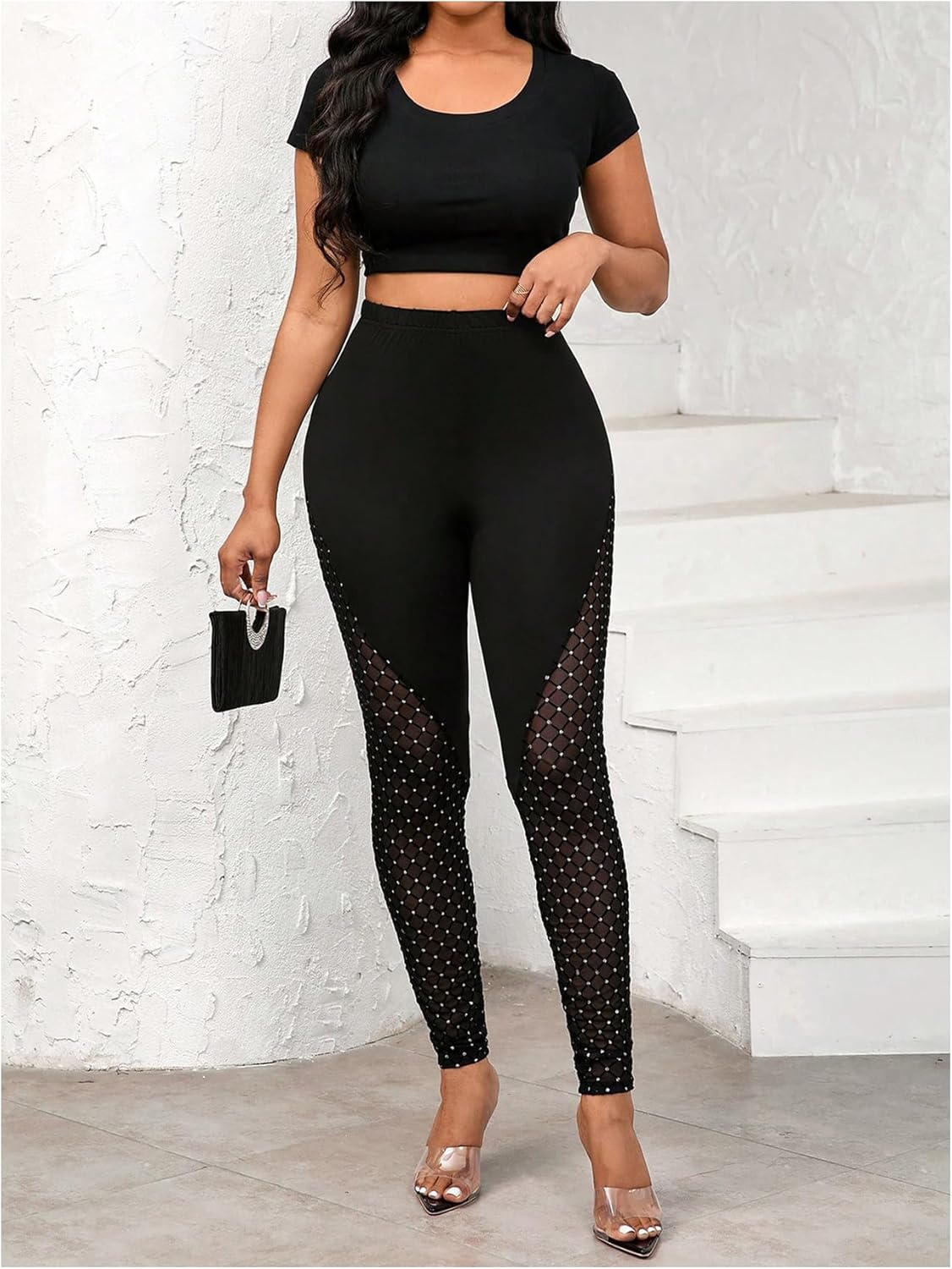 SHENHE Women's Rhinestone Mesh Patchwork Dressy Leggings High Waisted Elegant Skinny Pants - Image 5