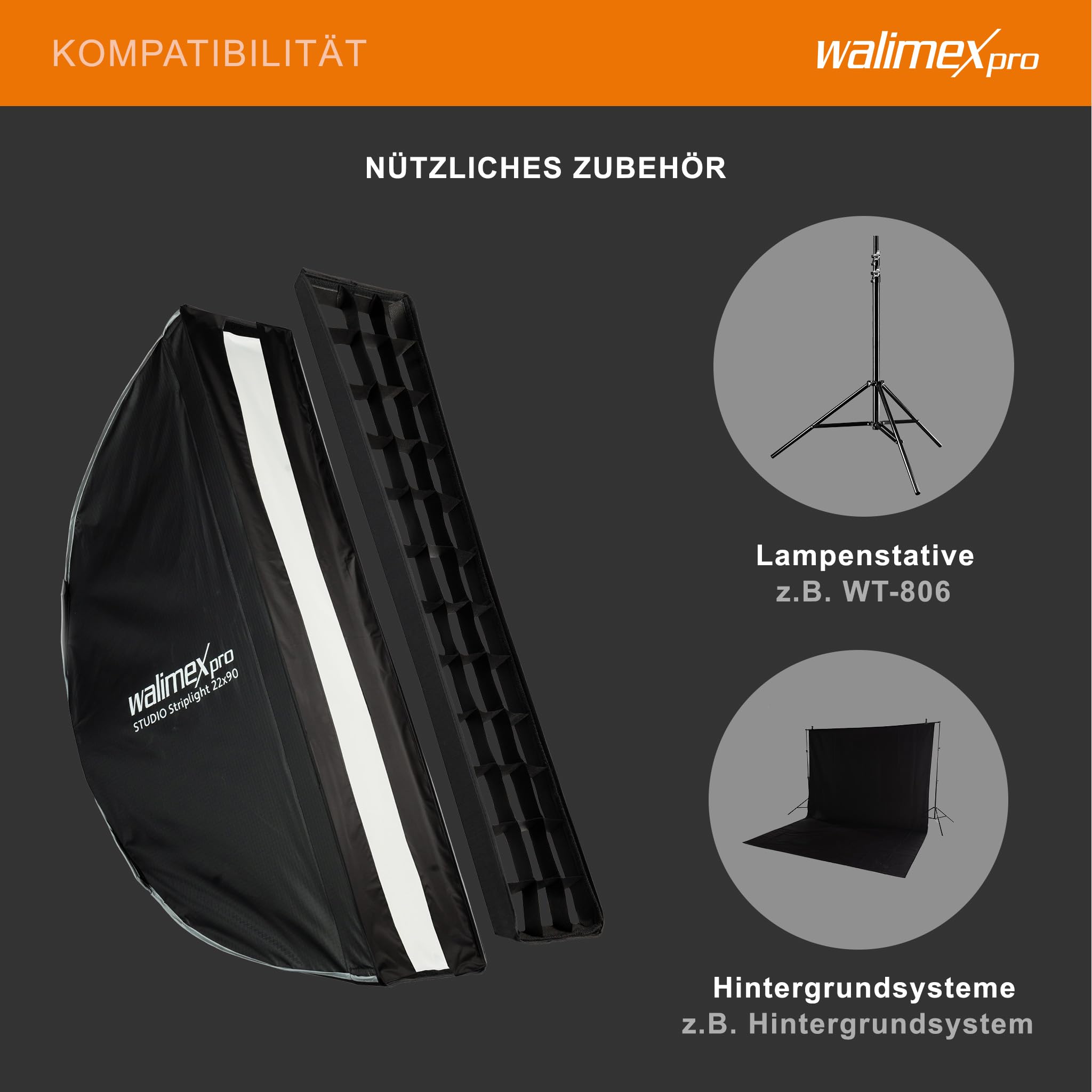 Walimex pro Studio Striplight Softbox 22 x 90 cm, Lichtformer um 360° drehbar, einfacher Aufbau dank Schirmfunktion, inkl. Grid, Maske, Bowens Adapter u. Tasche, ideal für Produkt- u. Peoplefotografie