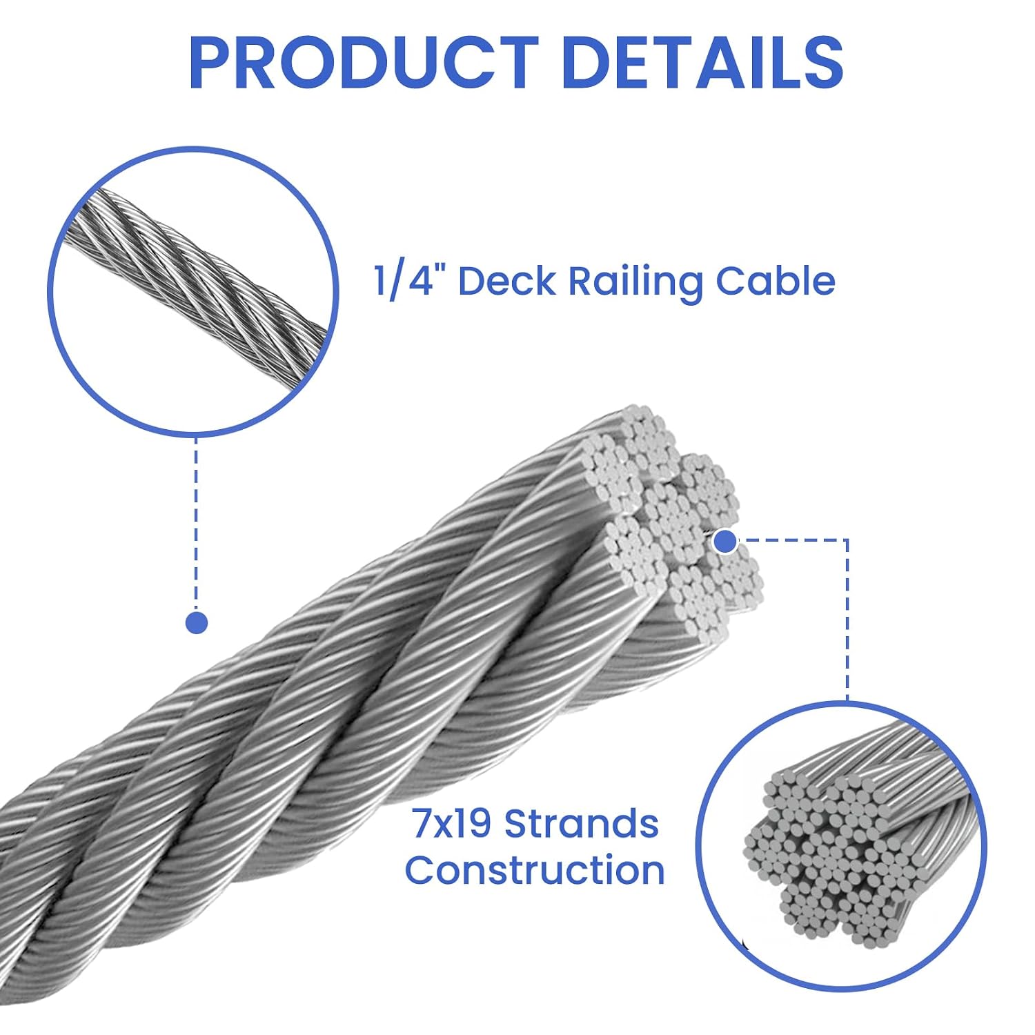 400ft Thickened 1/4" Stainless Steel Cable, 7x19 Strand Aircraft Wire Rope for Backyard Zipline, 6400lbs Breaking Strength, Zip Line for Heavy Duty Applications, Deck Railing, String Lights