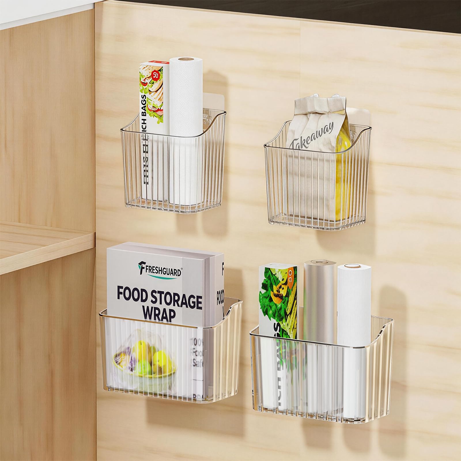 PAVSTINE 4Pcs Cabinet Door Storage Box Self-adhesive No Residue, Durable Cupboard Organiser for Cabinets/Bathrooms/Fridges/Undersink, Kitchen Wardrobes Organisation, Modern, Transparent