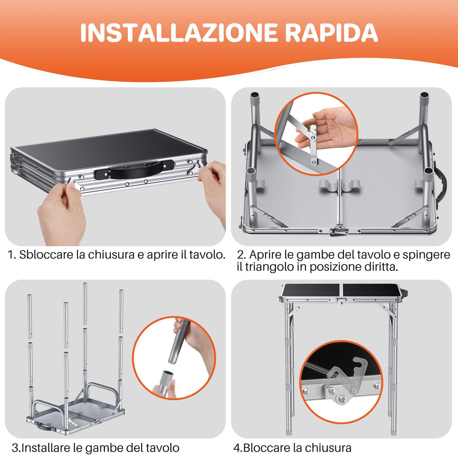 FUNYKICH Tavolo da Campeggio Pieghevole 58x40 cm Alluminio 3 Altezze Regolabili 26/48/70 cm Maniglia Trasporto MDF Argento