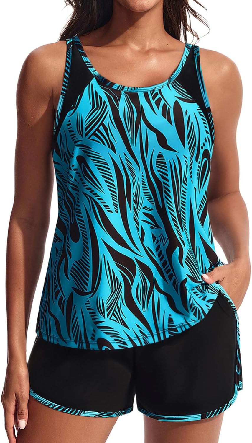 Hanna Nikole Women's Tankini Swimsuits Two Piece Tummy Control Bathing Suit with Athletic Pockets Swim Shorts Swimwear