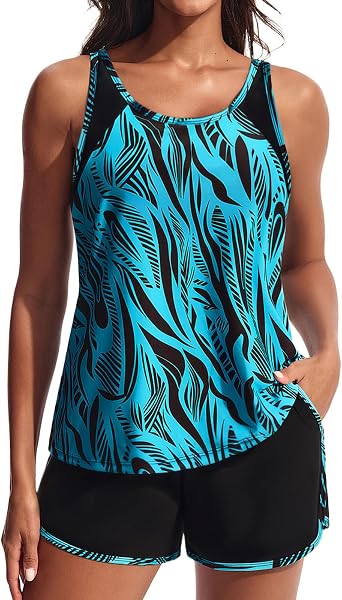 Hanna Nikole Womens Tankini Swimsuits Two Piece Tummy Control Bathing Suit with Athletic Pockets Swim Shorts Swimwear