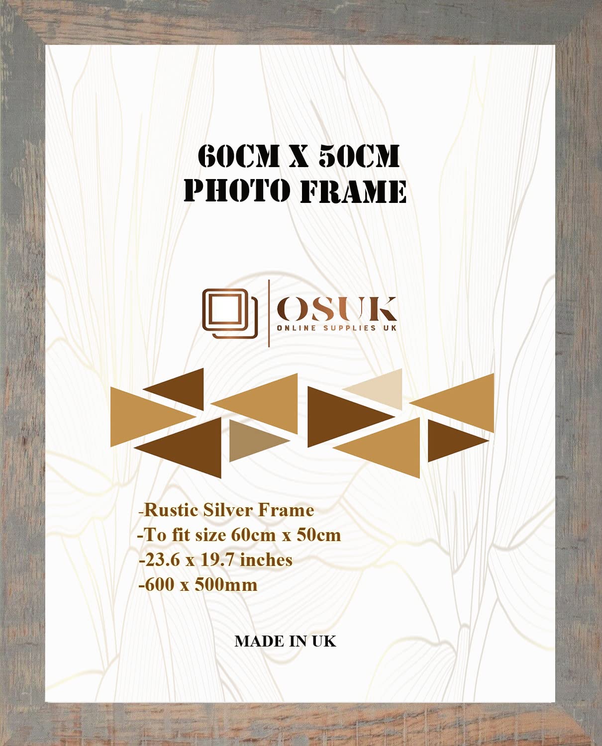 OSUK 50x60cm Rustic Silver Picture Frame – Large 60 x 50cm Photo Frames with Safe Perspex Front & Wall Hanging Hooks – Rustic Silver 60cm x 50cm Poster Frames