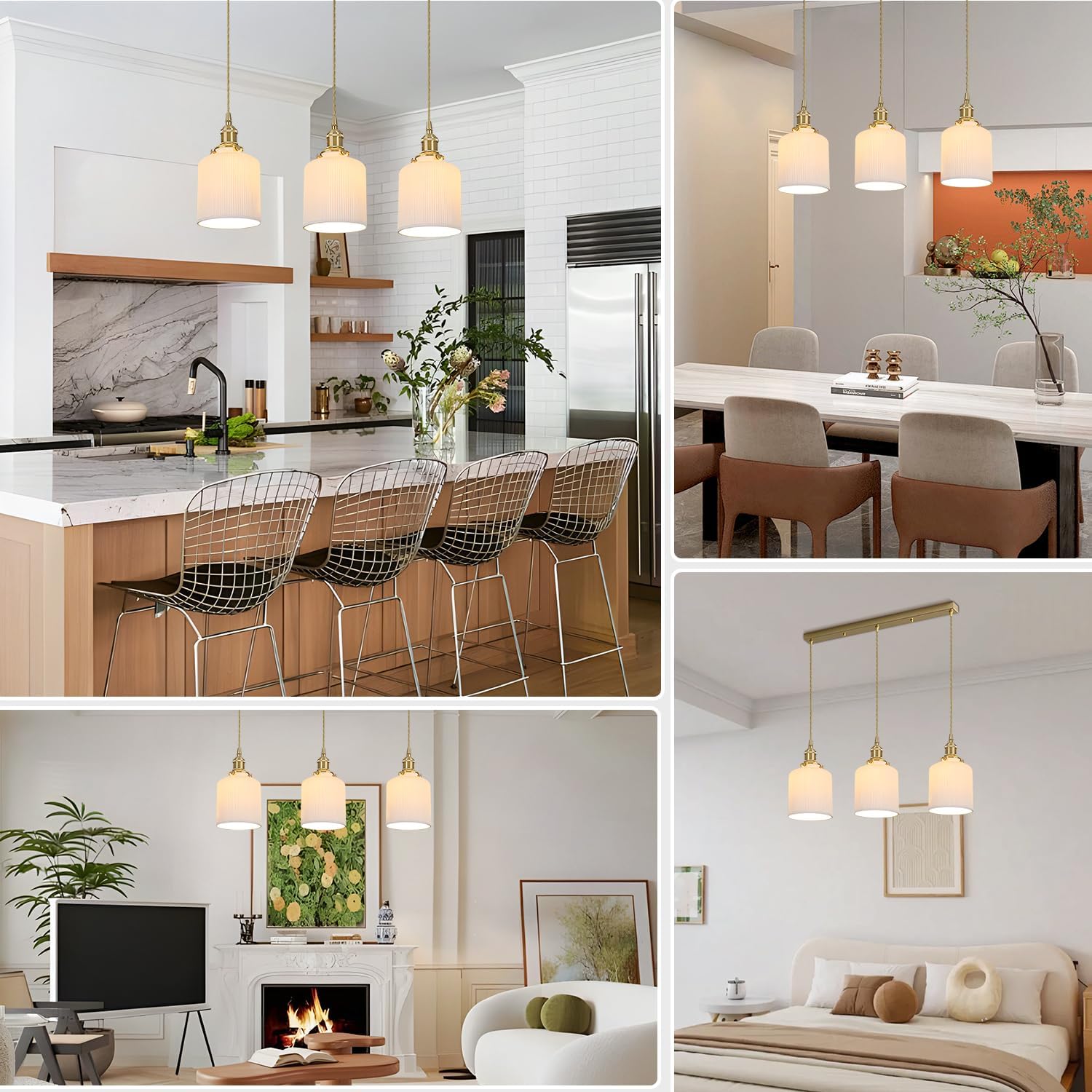 3 Light Linear Chandelier Pendant Lighting Brushed Brass Indoor Kitchen Island Hanging Light Fixtures Modern Milk Glass Linear Chandelier for Bar Foyer Corridor Bedroom Over Sink MPL16B-3L