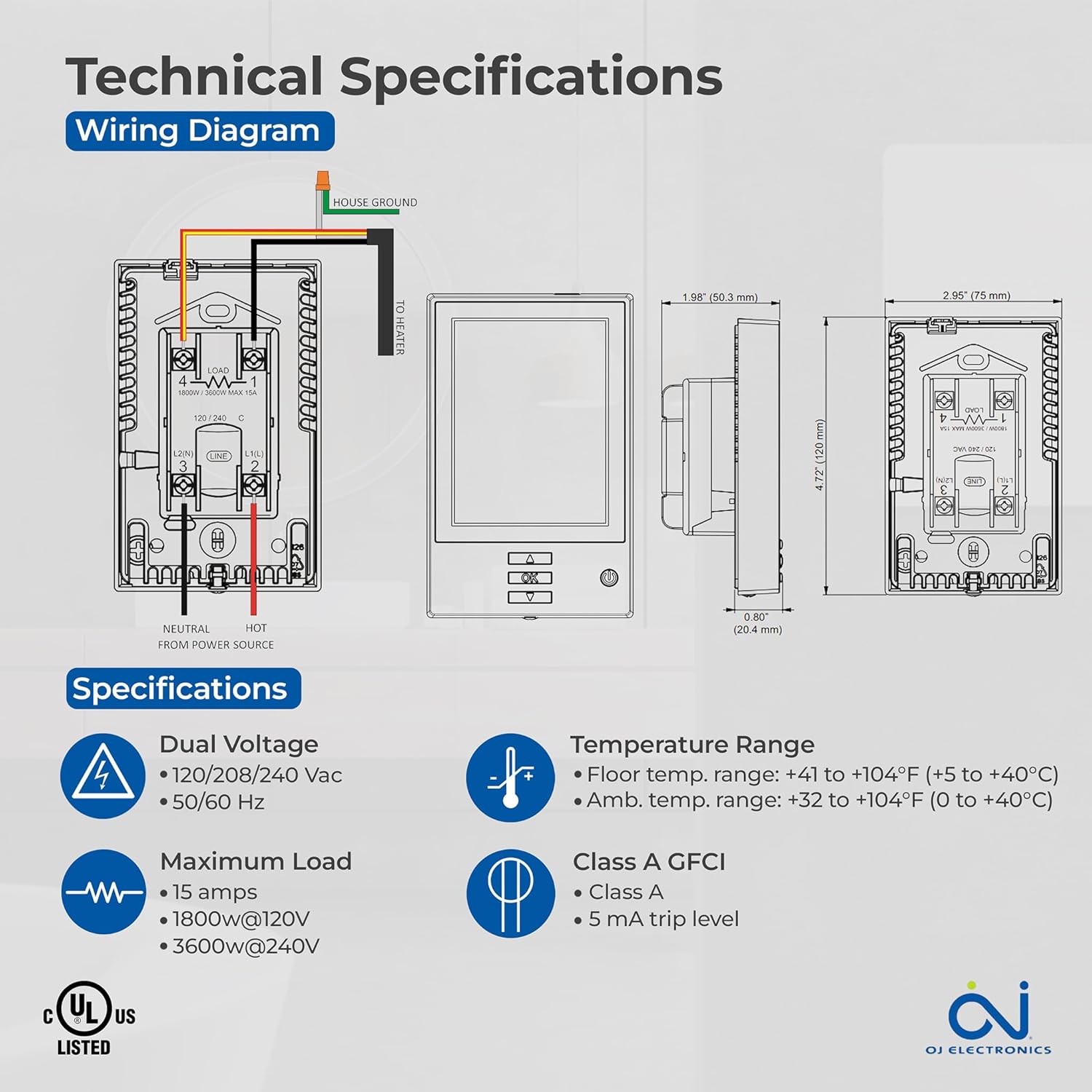 OJ Microline UDG Programmable Thermostat for Heated Floor w/Class A GFCI - 120/240v in Floor Heater Thermostat - Dual Sensing - Includes a Flooring Sensor - 3-Year Warranty & USA Product Support