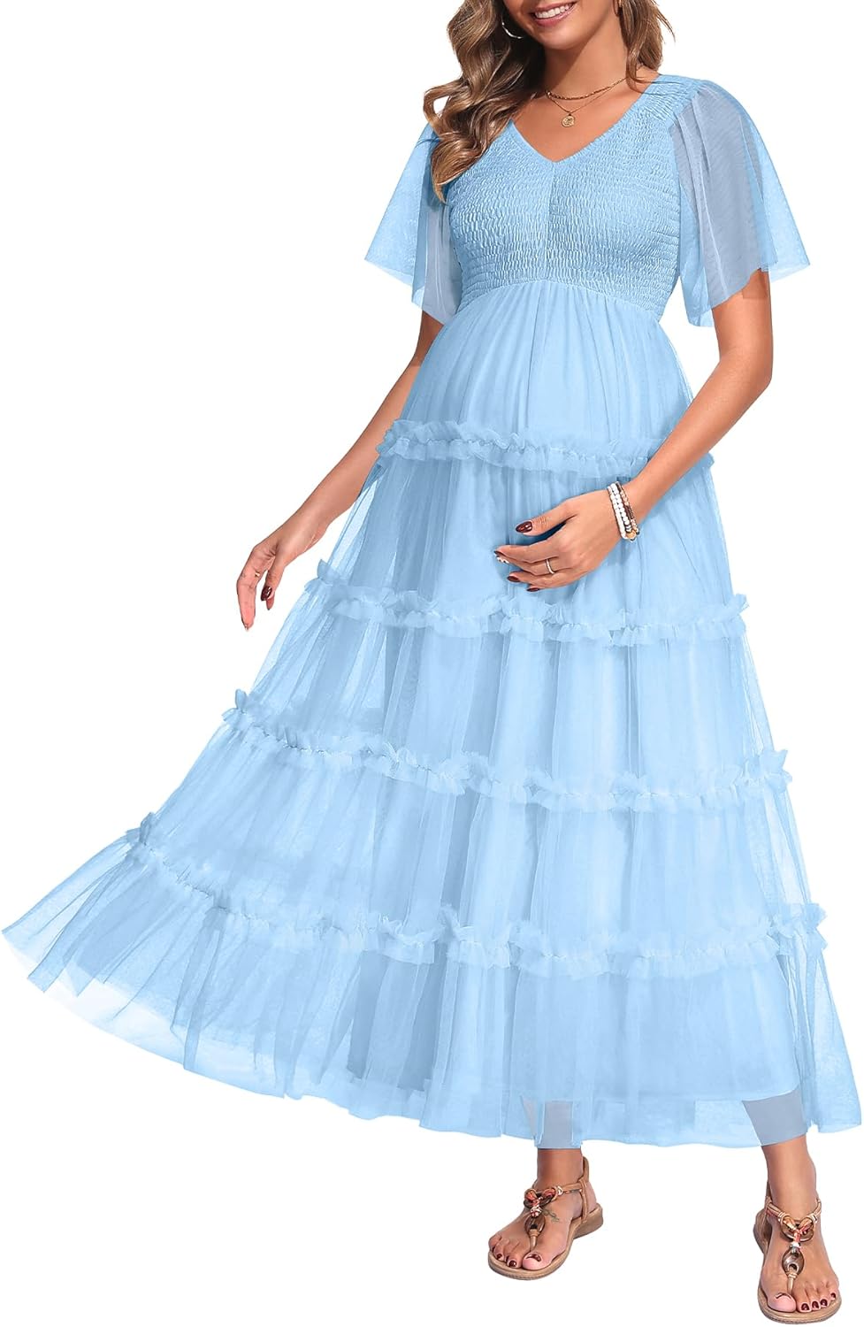 Maternity Photoshoot Dress-Baby Shower 2026 Pregnancy Summer Maxi Flutter Sleeve Mesh Dress