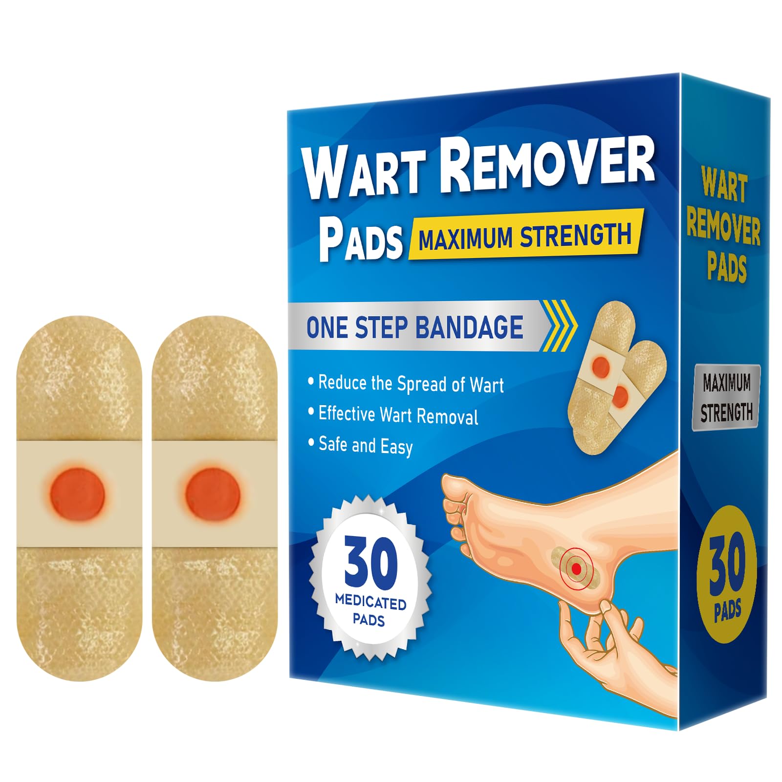 WABRINY Wart Remover Pads, Maximum Strength One Step Bandages for Hands Neck Feet Fingers, Safe Effective for Men and Women, 30 Pads