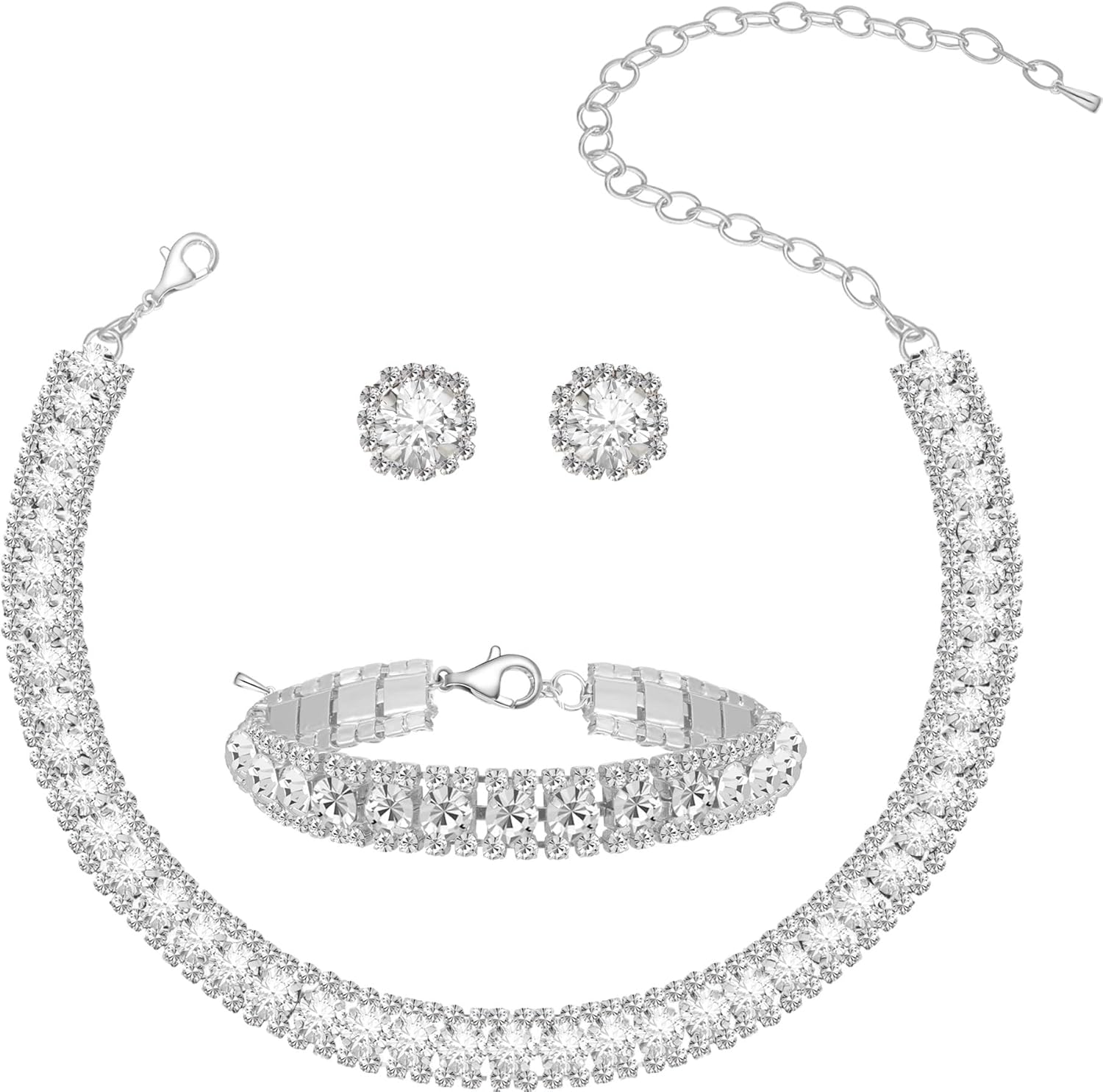 Women Rhinestone Crystal Jewelry Set Crystal Tennis Design Rhinestone Choker Necklace Link Bracelet Teardrop Earrings Set Wedding Bridal Bridesmaids Party