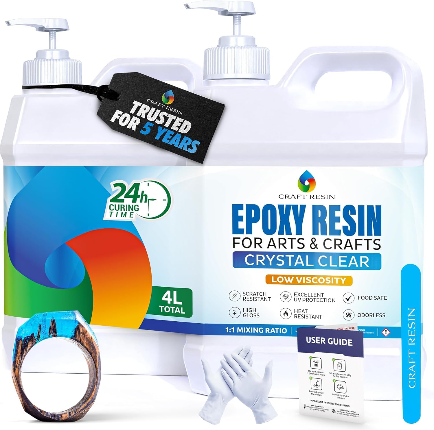 Craft Resin Epoxidharz Set - Transparent Epoxid Harz, Harz Gießen & Härter für Kunstwerke Gießharz, DIY, Holz, Untersetzer & Gießformen, Lebensmittelsicheres - Hitze- & UV-Beständig