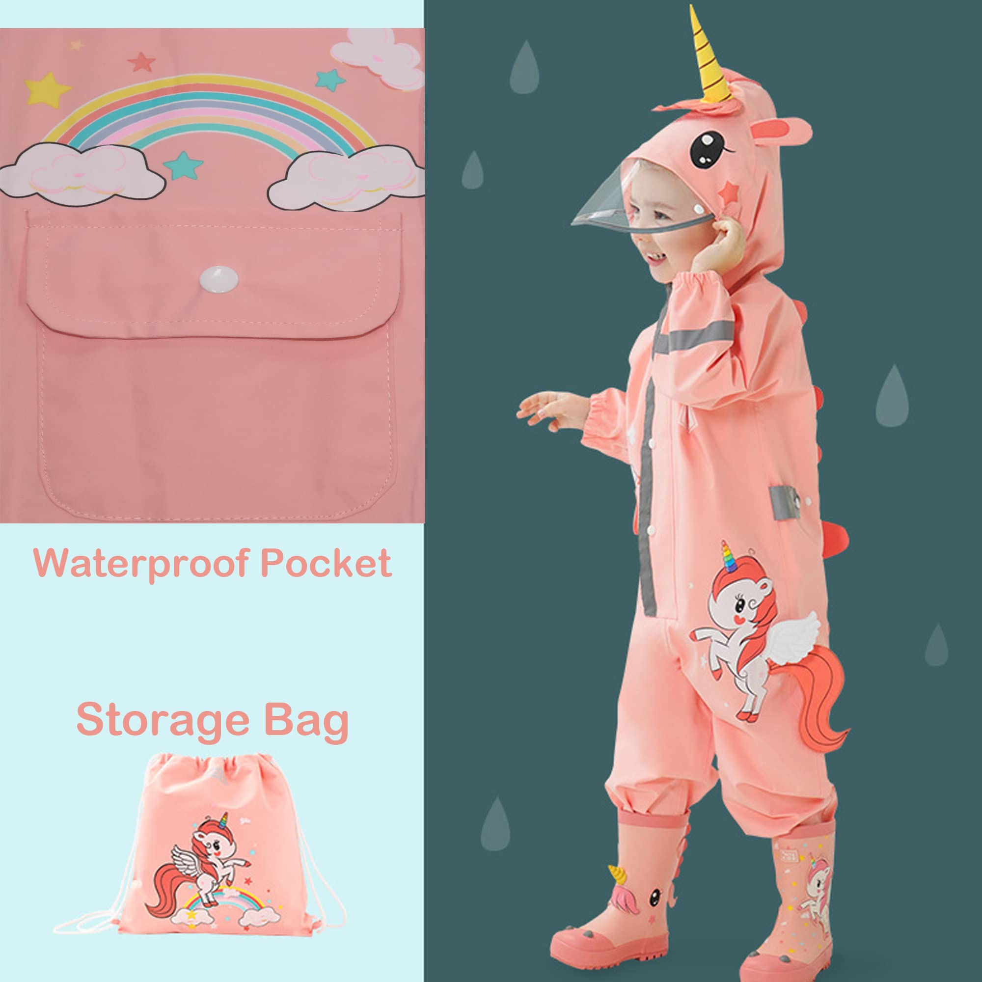 Fewlby Bambini Impermeabile, Tuta Pioggia Bambina Antipioggia con Cappuccio Poncho Impermeabile Ragazze Ragazzi Giacche da Pioggia con Cappello Trasparente per 1-6 Anni