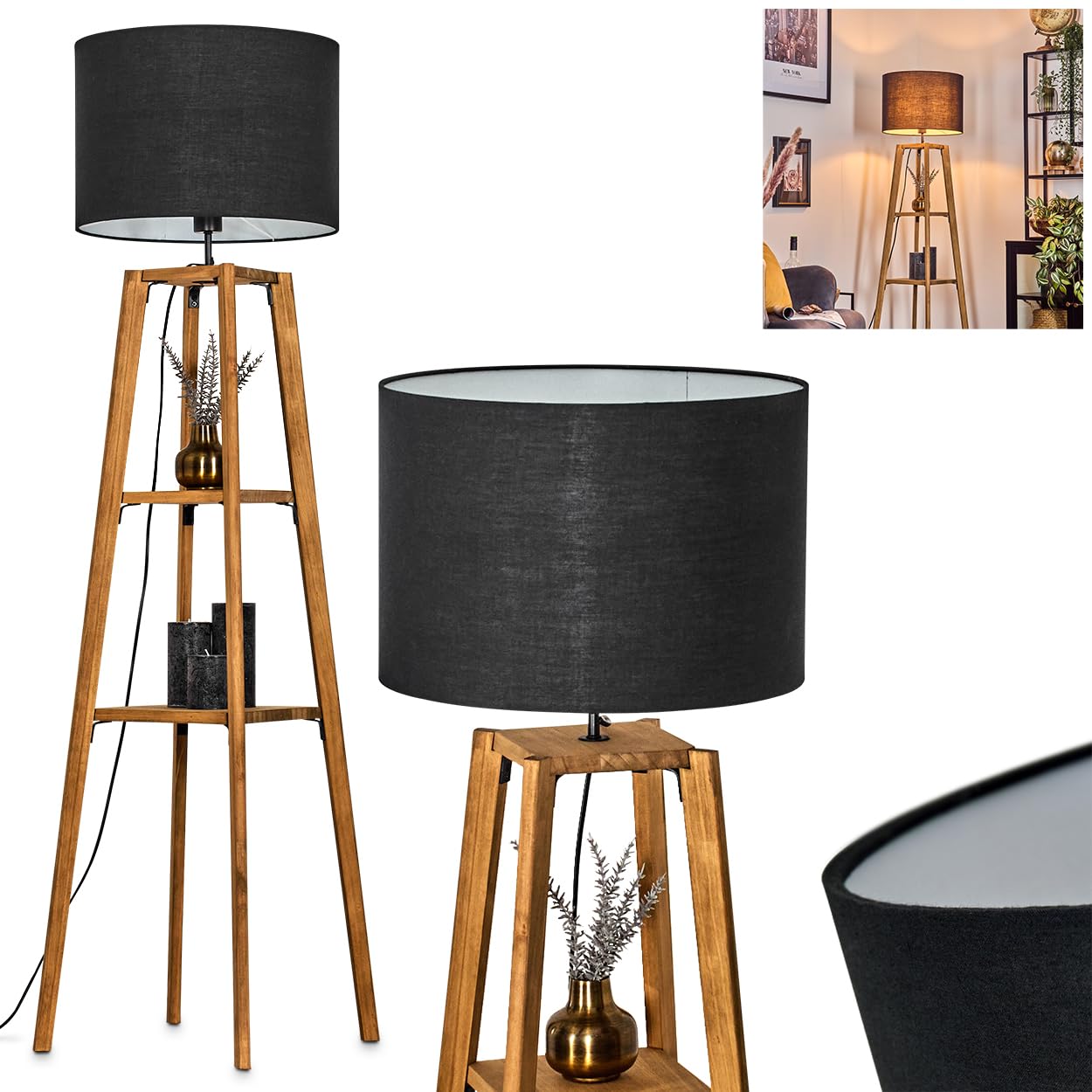 Stehleuchte Bassagoda, Stehlampe aus Holz/Stoff in Natur/Schwarz/Weiß, Leuchte im skandinavischen Design mit rundem Schirm (Ø 40cm), Ablageflächen u. Fußschalter, Höhe 151cm, 1x E27, ohne Leuchtmittel