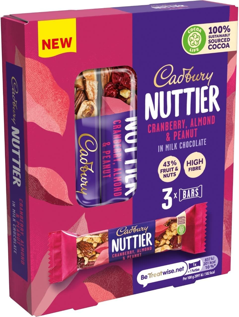 Cadbury Nuttier Cranberry, Almond and Peanut Chocolate Bar, 40 g (Pack