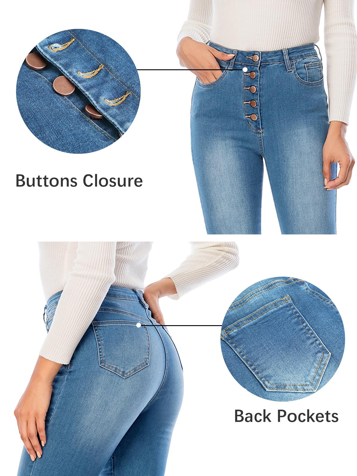 Ecupper Jeans Femme Taille Haute Slim Skinny avec Poches Pantalon Stretch Classique