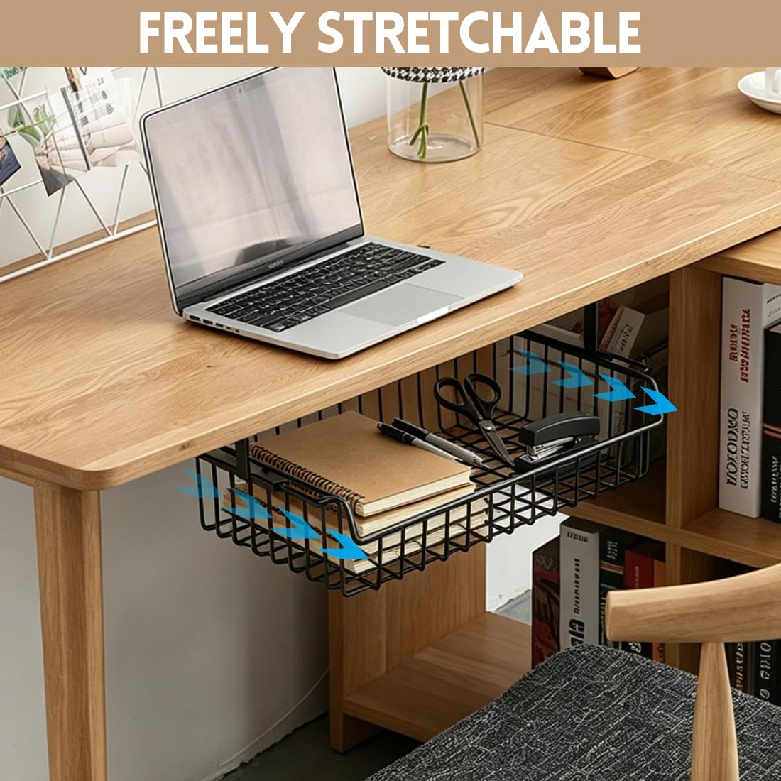Cassetto organizer sottoscrivania in metallo 37×25×11cm nero, cesta portaoggetti da fissare sotto piano per ufficio casa scuola