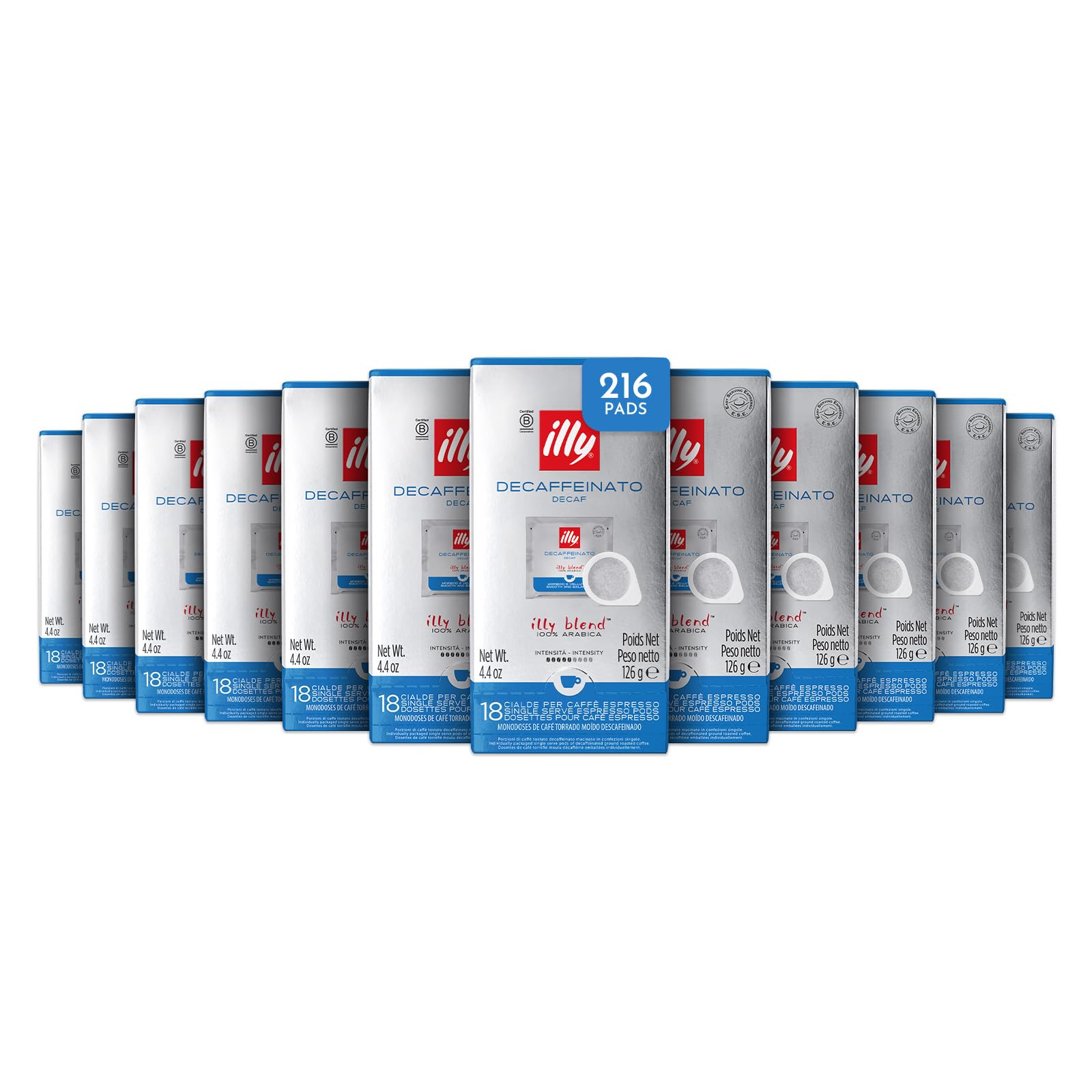 illy, Kaffee in E.S.E. Pads ENTKOFFEINIERT, 216 kompostierbare Pads | 100% Arabica mit Noten von Karamell, Schokolade und Geröstetem Brot, Ausgewogener Geschmack, Koffeinfrei, 12 Packungen à 18
